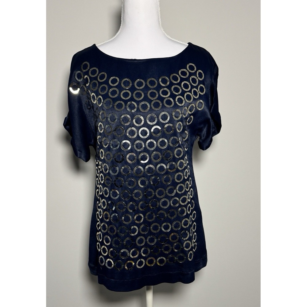French Connection Navy Blue Satin Circle Sequin Short Sleeve Top 2 Glittercore
